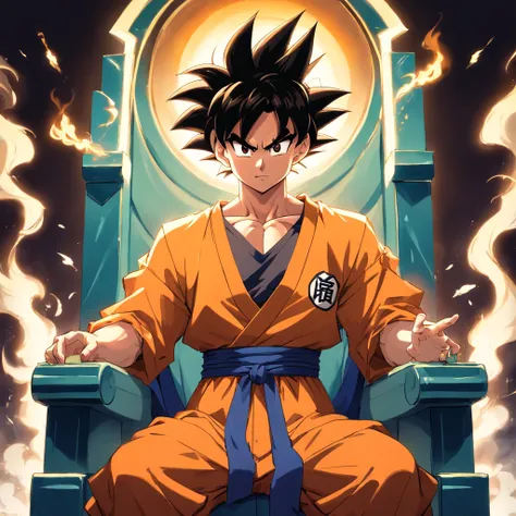 Goku usando um terno social preto, sitting on a royal throne with a cigarette in his hand, serious look, expression serious, incredible details, nuvens amarelas ao fundo