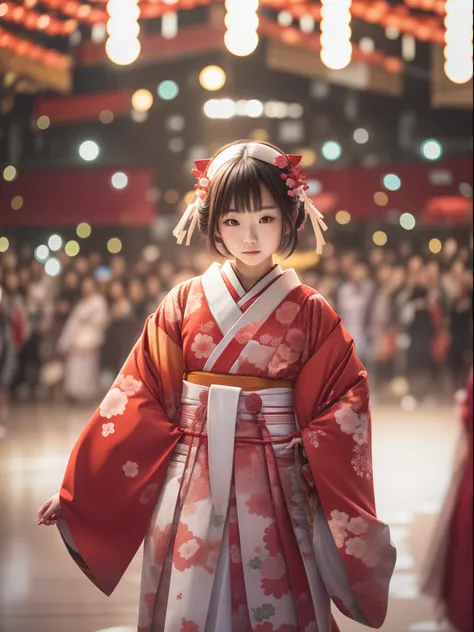 japanese girl wearing a traditional kimono red and white, appear in fashion show stage, surrounded by crowded people, soft lights, blurred background, best quality, masterpiece, 8K detailed resolution