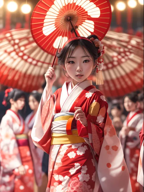 japanese girl wearing a traditional kimono red and white, appear in fashion show stage, surrounded by crowded people, soft lights, blurred background, best quality, masterpiece, 8K detailed resolution