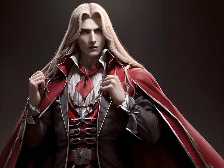 (((dracula)))8k,((from castlevania)((elegante))(((red cape)))caliente, hermoso,((alucard)),(((viste ropa ajustada )))((tiene una...