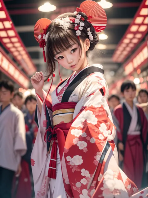 japanese girl wearing a traditional kimono red and white, appear in fashion show stage, surrounded by crowded people, soft lights, blurred background, best quality, masterpiece, 8K detailed resolution