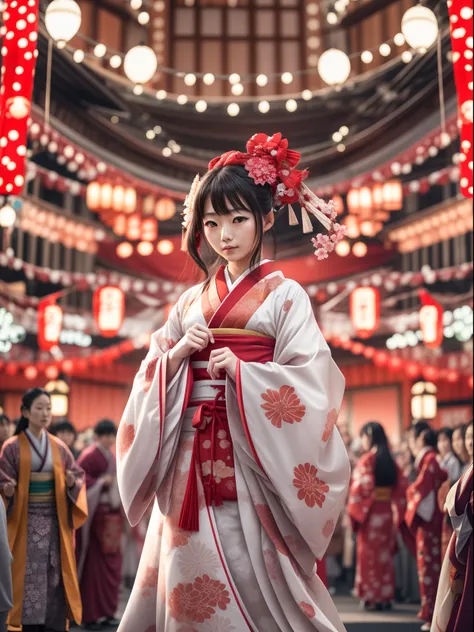 japanese girl wearing a traditional kimono red and white, appear in fashion show stage, surrounded by crowded people, soft lights, blurred background, best quality, masterpiece, 8K detailed resolution