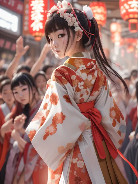 japanese girl wearing a traditional kimono red and white, appear in fashion show stage, surrounded by crowded people, soft lights, blurred background, best quality, masterpiece, 8K detailed resolution