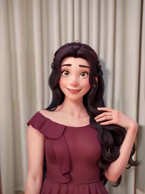 Disney princess with long black hair in burgundy dress and a crown on her head