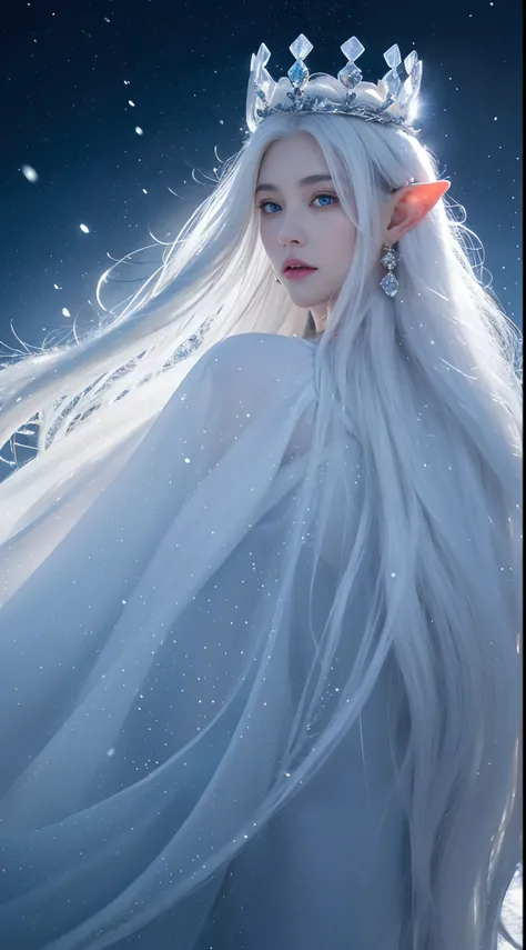 (( Elf girl with long white hair, blue eyes, good shape, long white dress, cape, ice crown, ice earrings )), (( Riding on the back of a large thick white-haired wolf Fierce, scary, majestic. )), full body image, Look at the camera., Front camera angle: Wil...