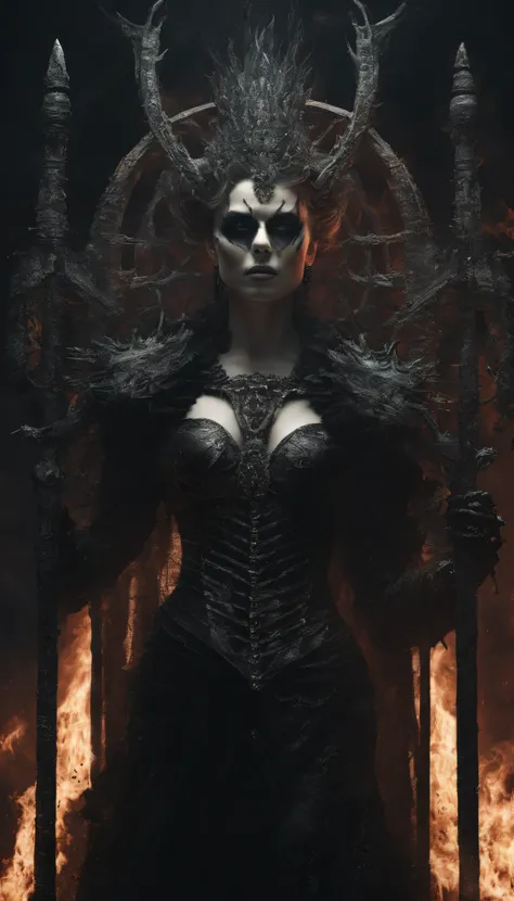 cure, Charlize Theron, Goddess of Death, Greek mythology, Scarlet witch with a tiara with multiple blades on her head, Charlize Theron, Goddess of Death, Skull Necklace, In a dress with skulls and blades, Art in the style of Guviz, ross tran 8 k, The beaut...