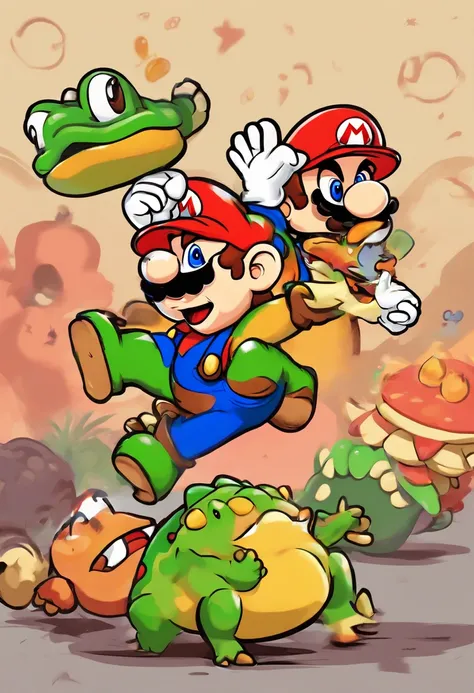 Mario killing Lugi with Bowser dead in the background a Toad Running away scared