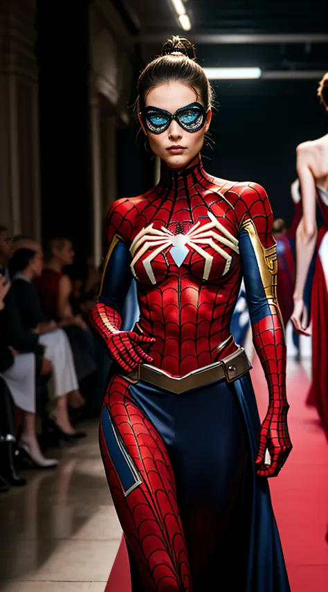 heroes fashion show (spiderman, captain america, iron man...), models walking a red carpet, soft lights, fashion designers, eart...