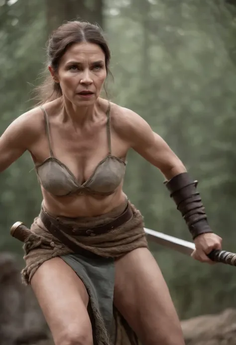 An old female warrior wearing only a loincloth fighting a monster