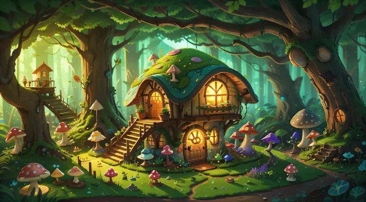 A fairyland-like hideaway，Colorful mushroom house，a fairy world