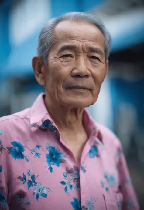 Close-up of a man in a pink shirt with a blue background., Chiba Yuda, he is about 7 0 years old,, He is about 70 years old., He is about 70 years old., Blue backdrop