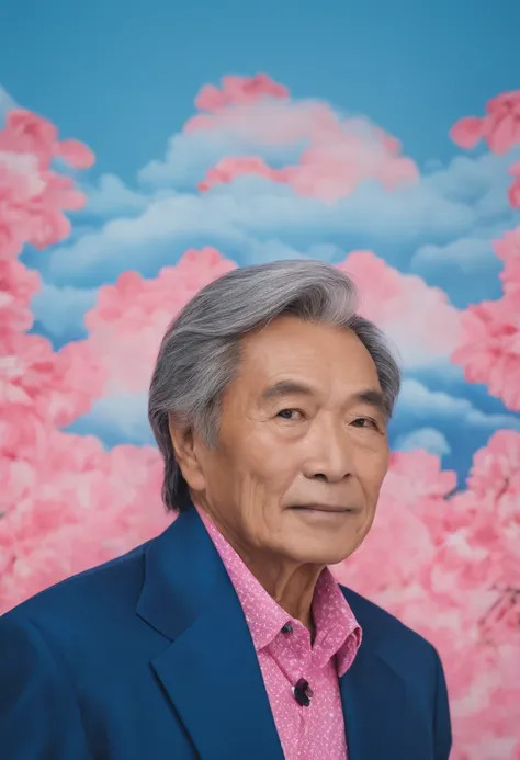 Close-up of a man in a pink shirt with a blue background., Chiba Yuda, he is about 7 0 years old,, He is about 70 years old., He is about 70 years old., Blue backdrop