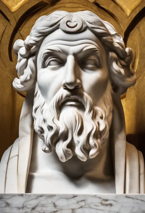 White marble statue of the bust of the wise man with the style of the bearded Greek philosopher in the museum. atmosfera escura, alto contraste de luz e sombra, fotografia profissional, utrarealista, light volumetric, cinemactic