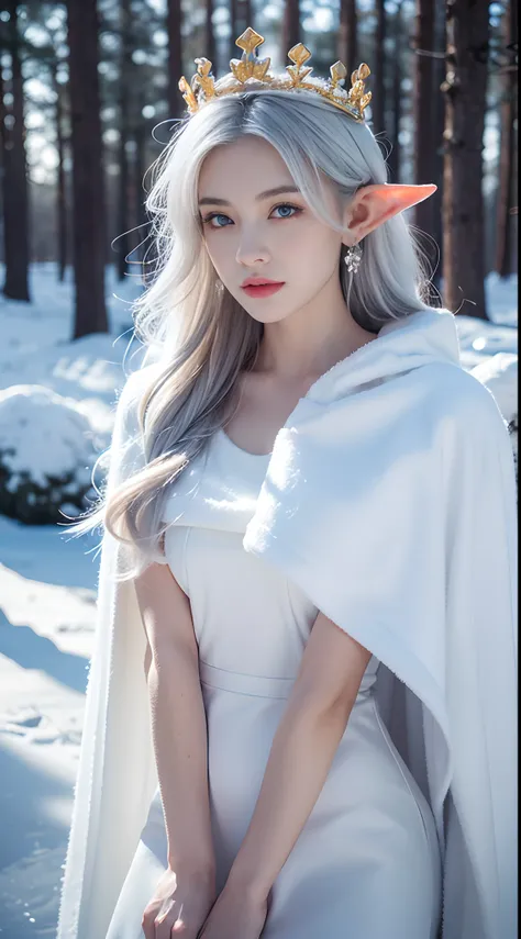 (( Elf girl with long white hair, blue eyes, good shape, long white dress, cape, ice crown, ice earrings )), iceball, power, Ice Power, Look at the camera., Front camera angle, forests, Cold Weather, snow, snowfall, Snow droplets, Snow in the air, cinemati...