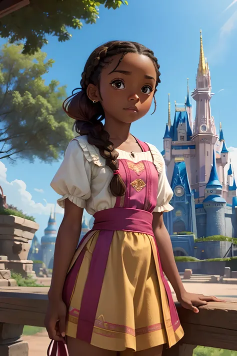 a 12 year old brown skin little girl disney animation, with Braided hair standing