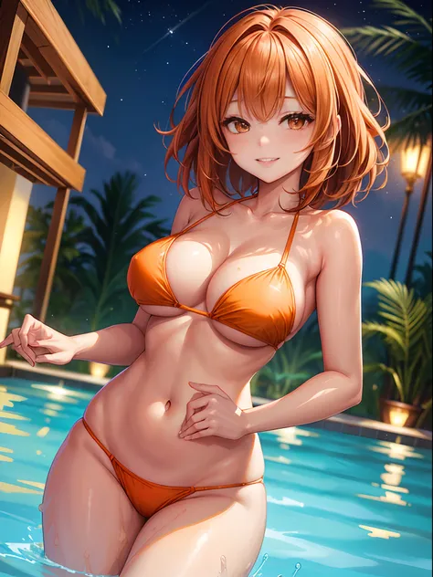 top-quality、Full limbs、complete fingers、1girl in、((one beautiful women、独奏))、Beautiful Large Breasts、Medium Hair、straight haired、orange color hair、((Woman in orange bikini))、Night Pool、Illuminated pool、Hotel rooftop、Naughty Poses、A big smile、nighttime scene