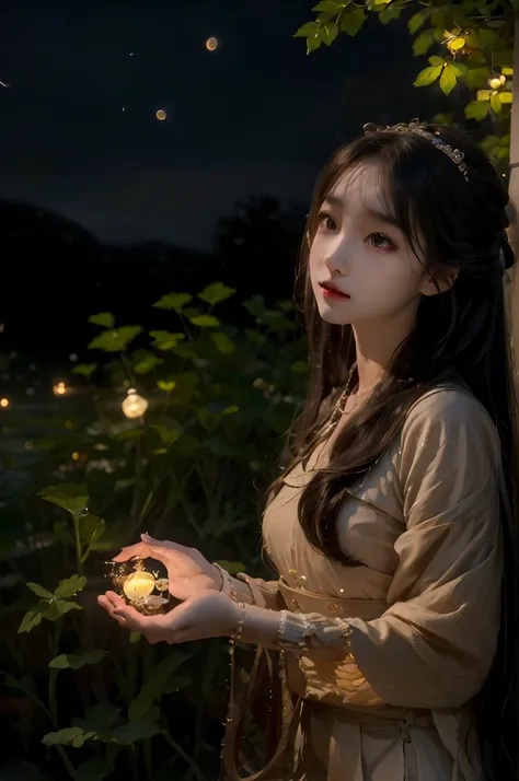 (beuaty girl，8K, Top quality, Masterpiece: 1.2), (realisticlying, Photorealistic: 1.37), Super detail, One girl, long whitr hair，with a round face，largeeyes， Firefly Garden, Many faint small lights and fireflies flew around, the night