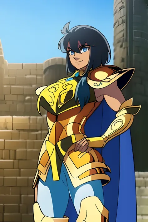 black hair, light blue eyes, bob cut, gold armor, hand on hip, blue cape, solo female, huge breasts, dark skin, smile