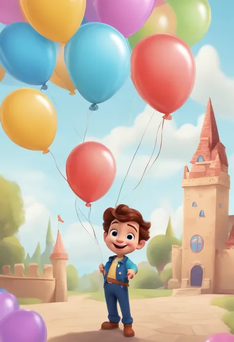 Close-up of a cartoon boy，There were balloons and cake, balloon, baloons, , Prince Boy, official render, balloons, diseny animation style, Official artwork, offcial art, an animated character, background-image, Cupcakes, happy birthay, birthday, advertisem...