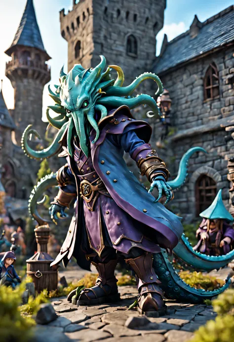 full body Esbian、Cool Kraken、Villain Kraken、figurine、Wizards attire、Outside the people、Monster Diorama、symple background、Fortress background、​masterpiece, Best Quality, Capture super cute moments, depth of fields, ultra-detailliert, Ultra High Resolution, ...