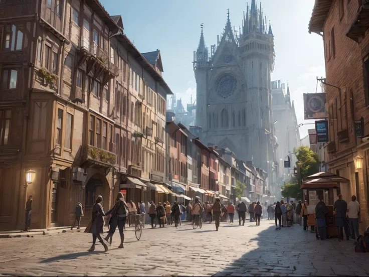 "(ultra-detailed CG unity 8k wallpaper, masterpiece, best quality, depth of field, HDR, intricate), (by Greg Rutkowski: 1.2), City of wind, bustling streets, medieval fantasy buildings, vibrant atmosphere, dynamic angles, architectural marvels, busy pedest...