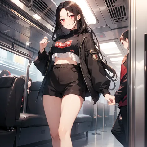 (masutepiece,Best Quality,8K),(extremely detailed CG1.1),1 girl,Smile,large boob,in the train,(From below:1.2),Summer light,Intricate details , Hyper realistic, Perfect Anatomy,A dark-haired,Red Eyes,(((Forehead))),Permed hair with wavy hair,(((length hair...