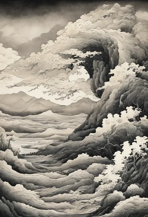 line-drawing、hokusai style,  ukiyoe painting,、Dragon paintings、Raging、Artistically、Rough skies、storm clouds　Unryū