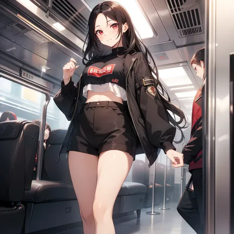 (masutepiece,Best Quality,8K),(extremely detailed CG1.1),1 girl,Smile,large boob,in the train,(From below:1.2),Summer light,Intricate details , Hyper realistic, Perfect Anatomy,A dark-haired,Red Eyes,(((Forehead))),Permed hair with wavy hair,(((length hair...