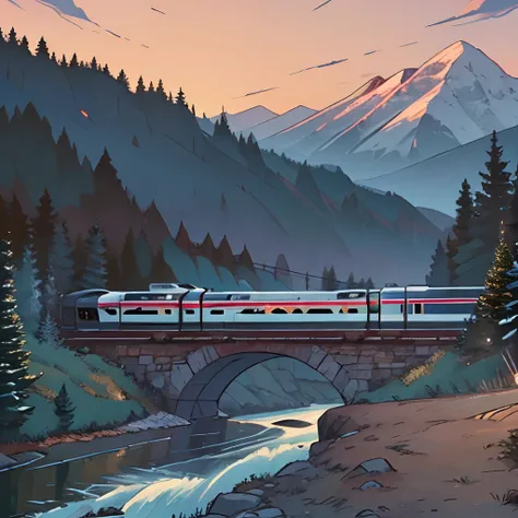 High-speed train, mountain background, twilight, pine forest, river,