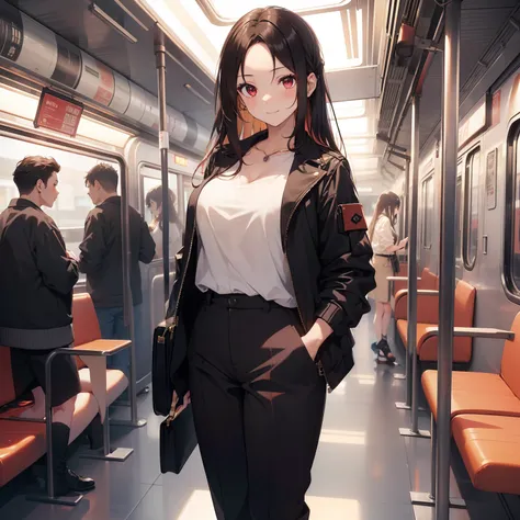 (masutepiece,Best Quality,8K),(extremely detailed CG1.1),1 girl,Smile,large boob,in the train,(From below:1.2),Summer light,Intricate details , Hyper realistic, Perfect Anatomy,A dark-haired,Red Eyes,(((Forehead))),Permed hair with wavy hair,(((length hair...