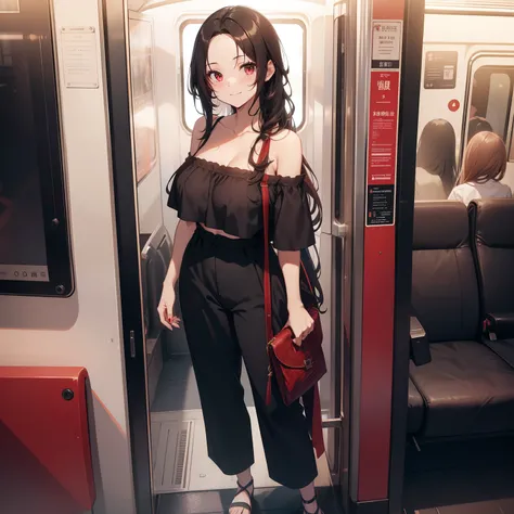 (masutepiece,Best Quality,8K),(extremely detailed CG1.1),1 girl,Smile,large boob,in the train,(From below:1.2),Summer light,Intricate details , Hyper realistic, Perfect Anatomy,A dark-haired,Red Eyes,(((Forehead))),Permed hair with wavy hair,(((length hair...