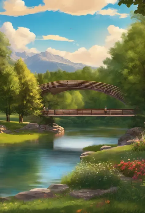 Campus life, fishing, check-in, scenery, lake, meadow, bridge, comic style