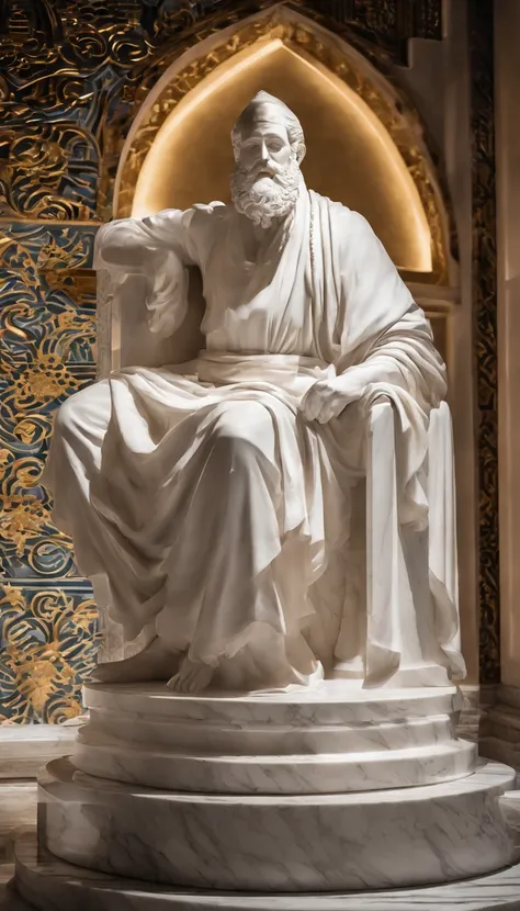 White marble statue of bust of wise man with the style of the bearded Greek philosopher in the museum. Atmosfera escura, alto contraste de luz e sombra, fotografia profissional, utrarealista, Light Volumetric, cinemactic