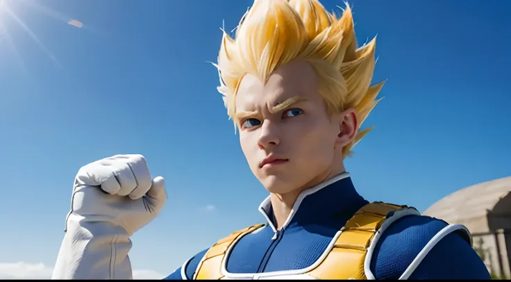 (masterpiece, best quality: 1.2), solo, male focus, 1boy, vegeta, serious, looking at the viewer, spiked blonde hair, green eyes, armor, white gloves, ultra ego, Detailed muscular body