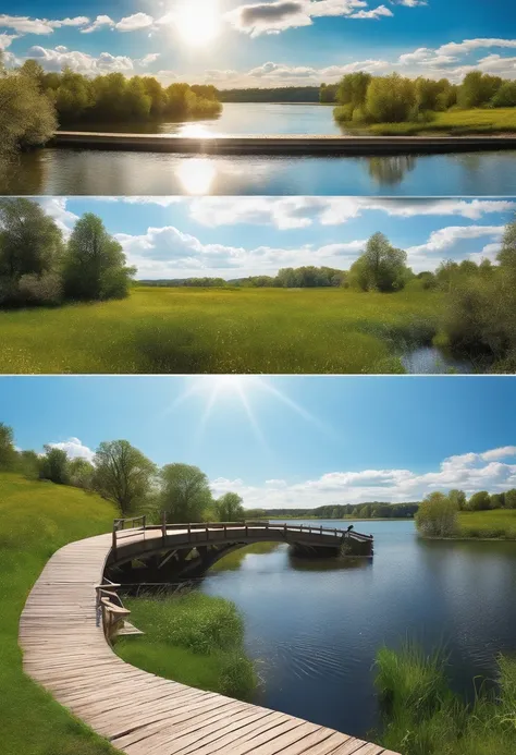 Looking up view Comic style Lake Bridge Close-up view of meadow lake and fish in the lake Distant view of bridge and blue sky, white clouds and sun