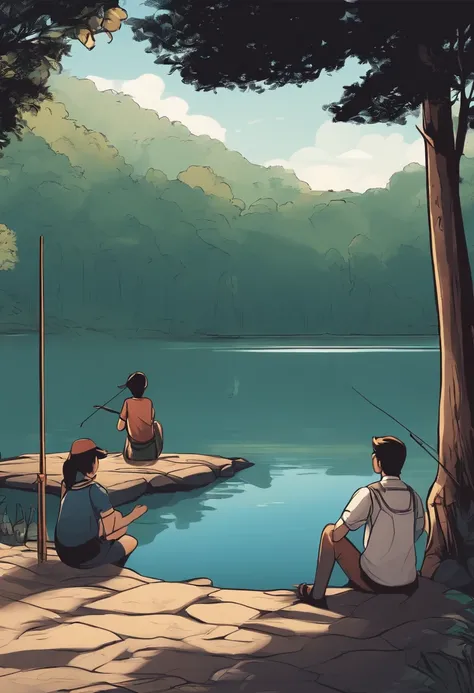 Small lake Small fish in the lake Male and female students sitting by the lake fishing Comic style