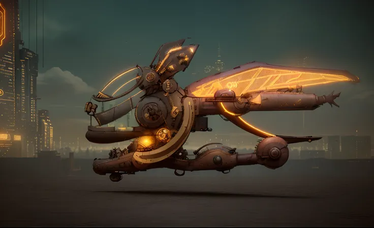 Steampunk-style airships，With the aesthetics of cyberpunk lighting，3D rendering with a mix of steampunk and cyberpunk design elements，The perfect blend of antique and futuristic technology，Decorated with brass gears and neon signs，It embodies the visual im...