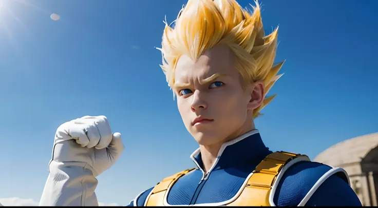 (masterpiece, best quality: 1.2), solo, male focus, 1boy, vegeta, serious, looking at the viewer, spiked blonde hair, green eyes...