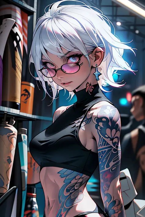 ((One lady)), nightclubs, neons, Moody lighting, nffsw, High Details, High Details, super detailing, superfine illustration, 16 K, odd eye,Guibli, white  hair, maikurobikini, Plain Bikini, (Bikini with less fabric)), big eye, long eyeslashes, very long eye...