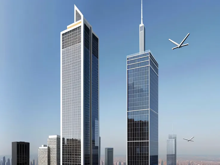 A thriller skyscraper with an airplane flying in the sky, tall minimalist skyscrapers, towering skyscrapers, the building is a skyscraper, taller than a skyscraper, with tall glass skyscrapers, Sleek glass building, tokujin yoshioka, Tall building, super h...