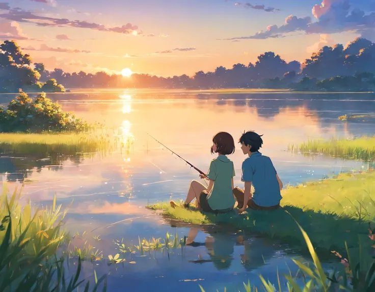 Couple sitting by lake fishing，Small lake，grassy fields，Small fish in the lake，the setting sun