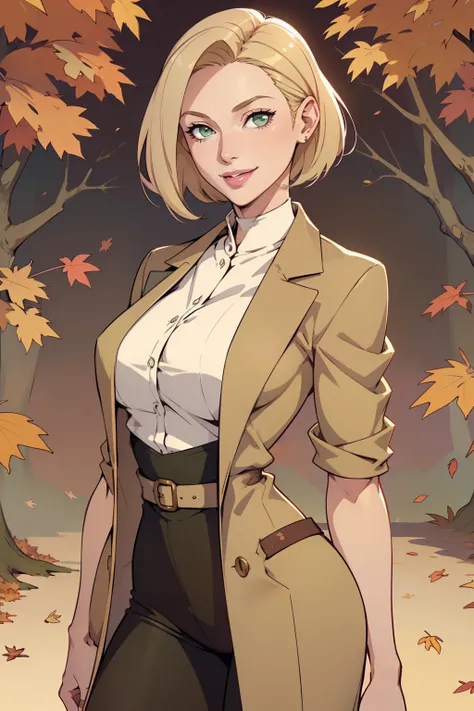 1womanl, , Short Hair Hair,Elongated Square, blond hair, Green eyes, pink lipsticks, Smile, Standing, sharp outline, short sleeves, mature female, 35 years old, Best Quality, masutepiece,overcoat,Autumn background,vibe