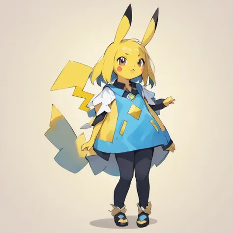 Pikachu，White color blouse，blue surcoat，Black pantsuit