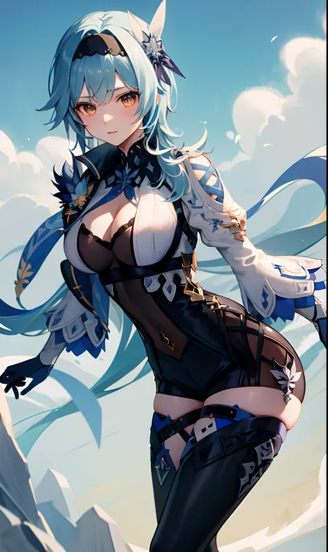 ((Masterpiece, Best quality)), (1girll),((Mature female)), lightblue hair,upper legs, shairband, Thighs, Long sleeves, mitts,  bangs, Deep golden eyes, Medium hair, tightsuit, hair adornments, black hair band, shoulder cutout, black thighhigns, a blue tie,...