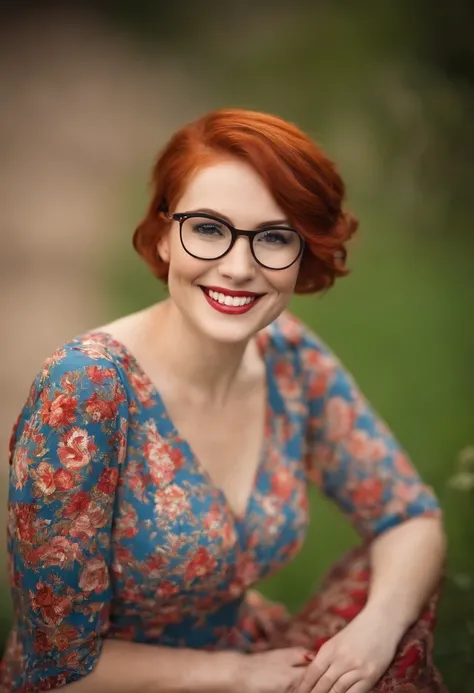 Beautiful young woman, full body, short red hair, round glasses, wearing long dress, smiling, wife