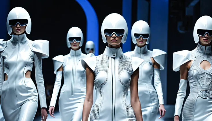 in a futuristic, dystopian world, a high-end fashion show takes place where each model is sponsored by a different corporation a...