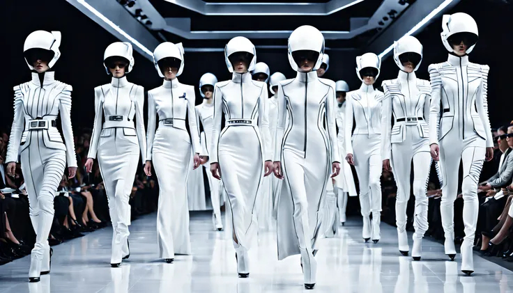 in a futuristic, dystopian world, a high-end fashion show takes place where each model is sponsored by a different corporation a...