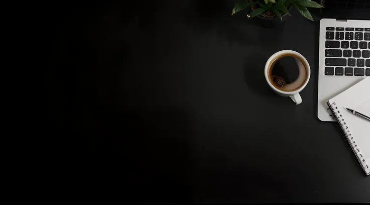 Copy space office black table with laptop, notebook, pencil and coffee cup with plat.