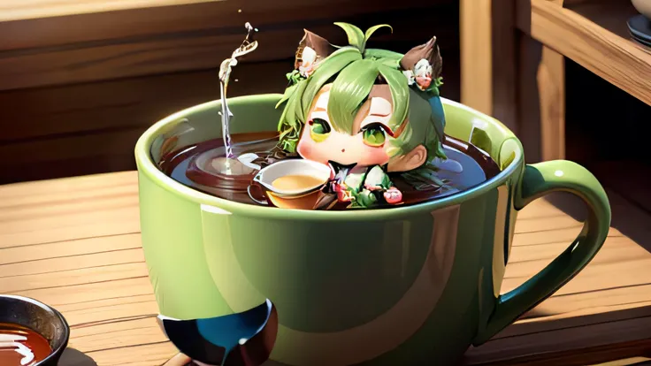 Cute chibi anime in the cup, Wear a green kimono, drinking tea, logo