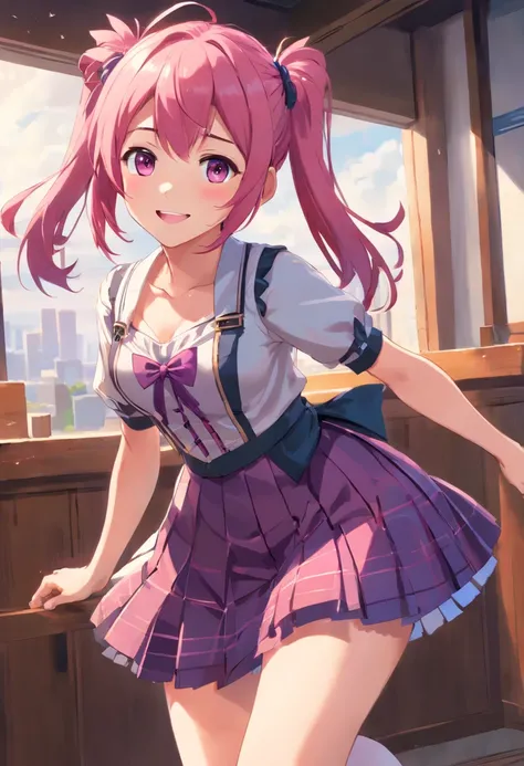 (((best quality))), 1girl, pink hair, purple inner hair, smile, twintails, box pleated skirt, miniskirt, short sleeve, red check dress, (corset), zettai ryouiki, pointing her bow, official art